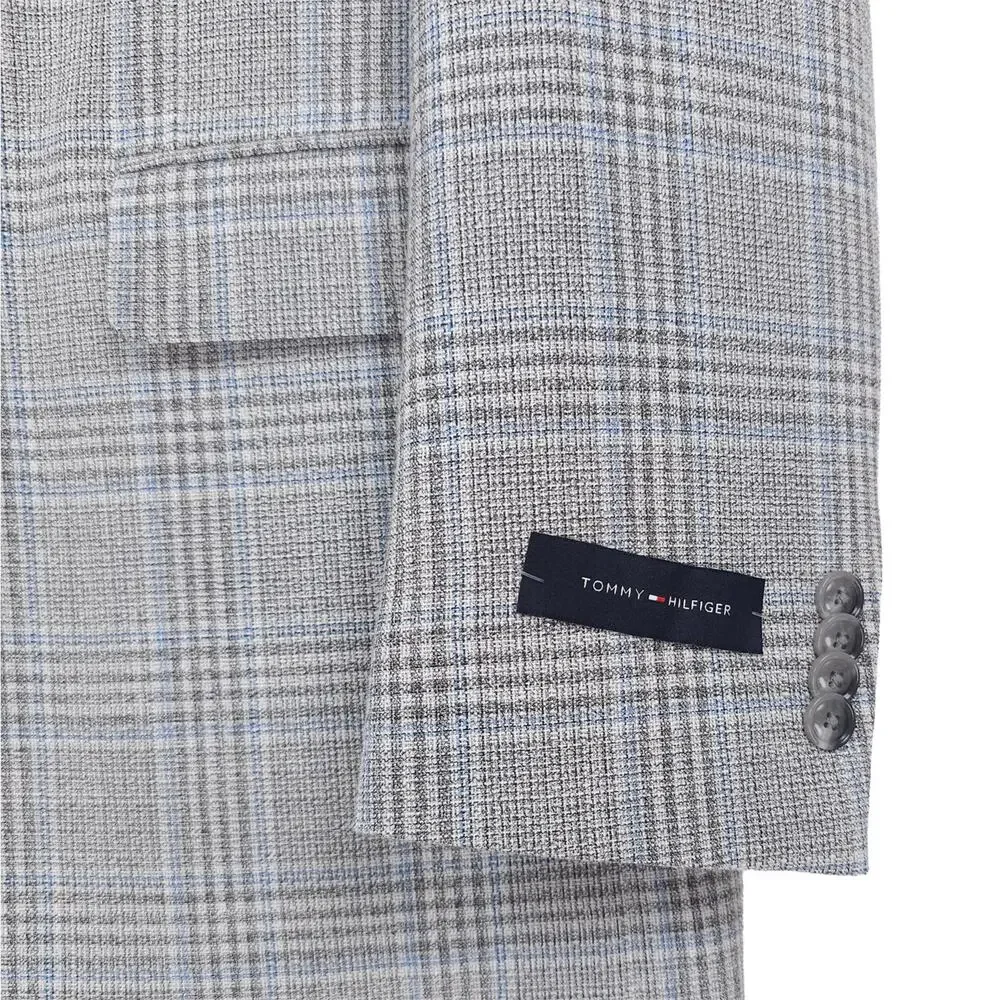 Tommy Hilfiger Mens Modern Fit Sport Coat 46L Light Grey Blue Plaid Stretch NWT